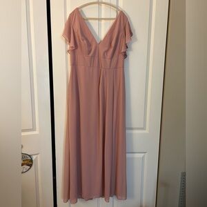 Pink Flutter Sleeve Chiffon V-Neck Full Length Dress